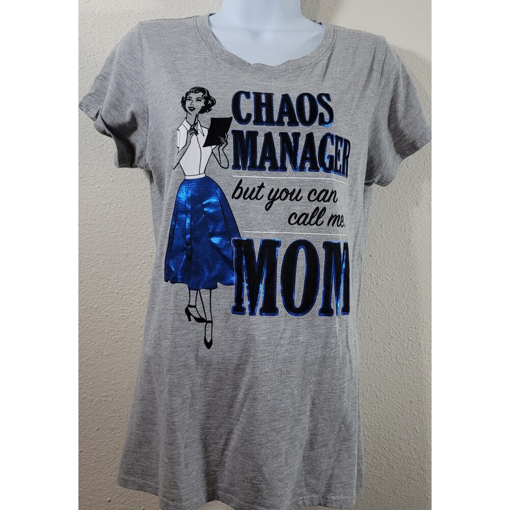 Gray Heathered Black Blue Graphic Print Chaos Manager Just Call Me Mom Top Large